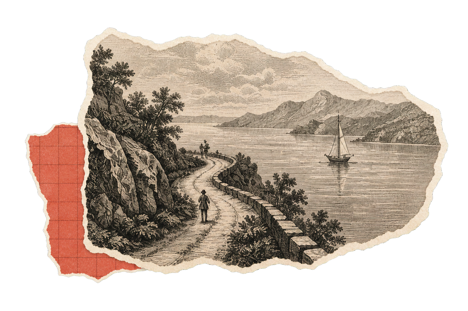 Torn-paper coastal landscape engraving