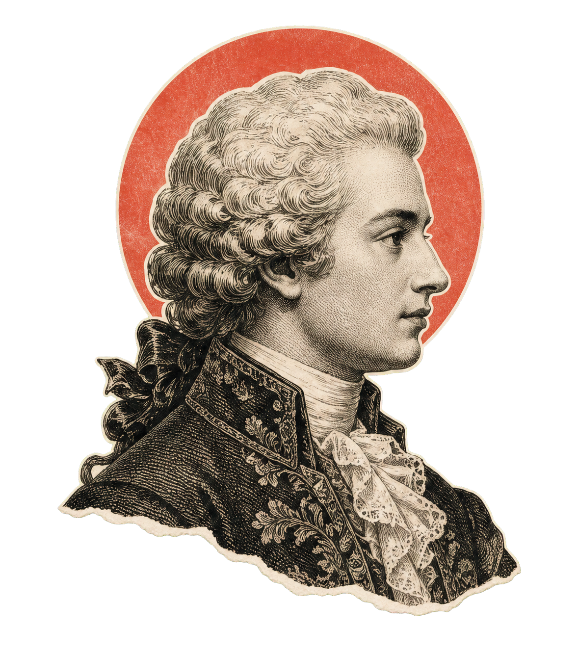 Engraved profile portrait with coral halo